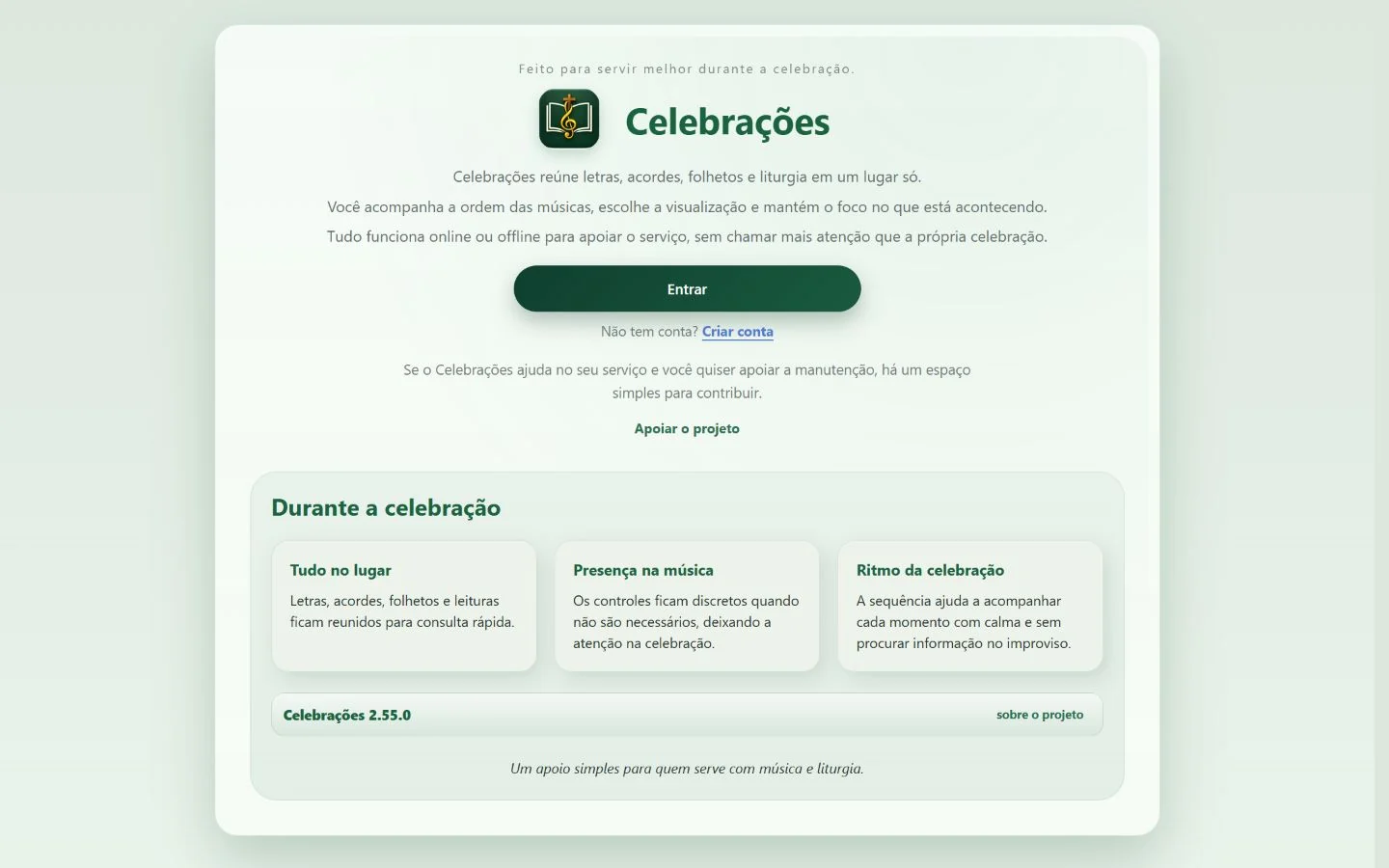 Tela inicial do Celebrações, com apresentação e recursos de música e liturgia.